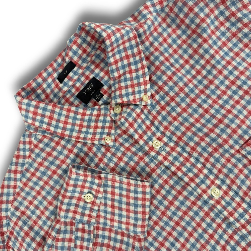 J.Crew Shirt Mens XL Red Blue Gingham Plaid Slim Fit 100% Linen‎ Button Down